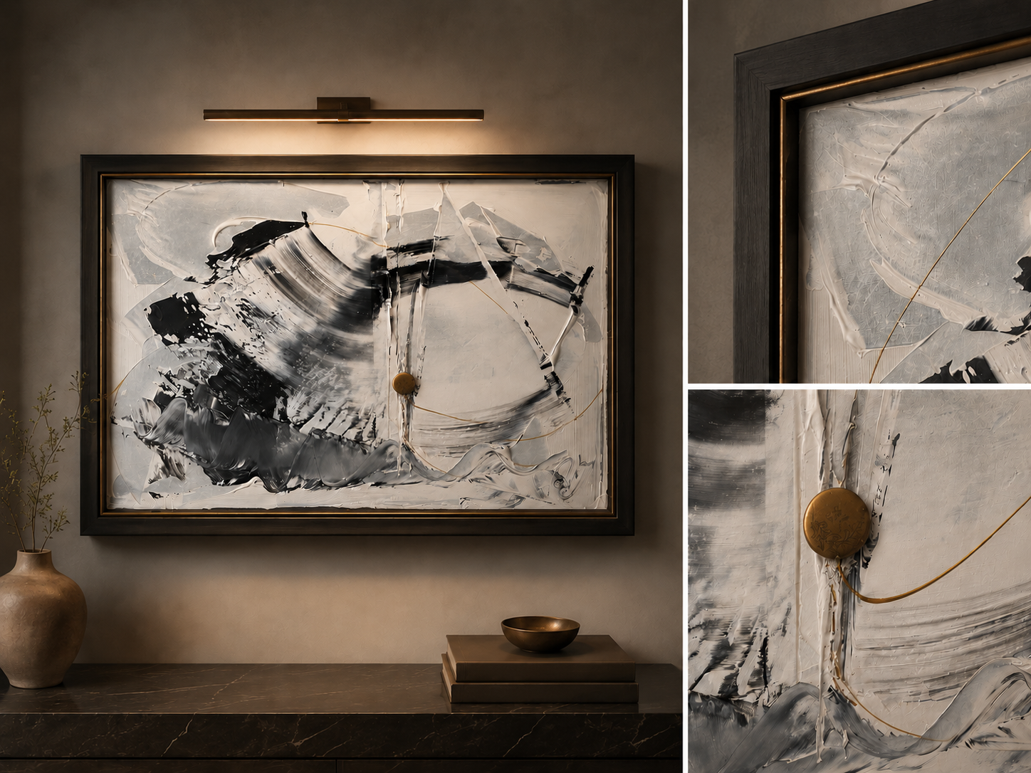 Sea – Sign – Path, a black, white and bronze abstract painting by Eszenyi-Farkas Anette, presented as an elegant gallery montage in a warm interior.